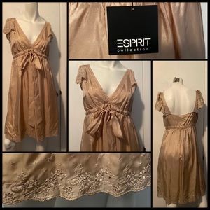 NWT Esprit Gold 100% Empire Waist A-Line Silk Dress